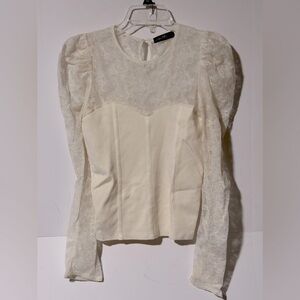 Women’s Beige Lace Sweater with Puffy Long Sleeve Size L
